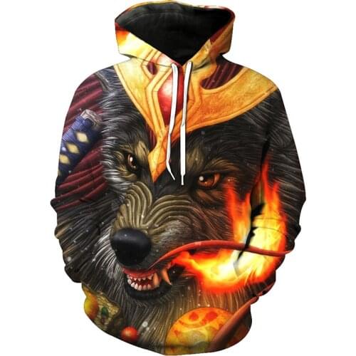 Cloudstyle 2021 New 3D Men Hoodies Sweatshirts Fire Wolf Crown Double Side Print Fashion Spring Thin Pullover Tops Plus Size 5XL
