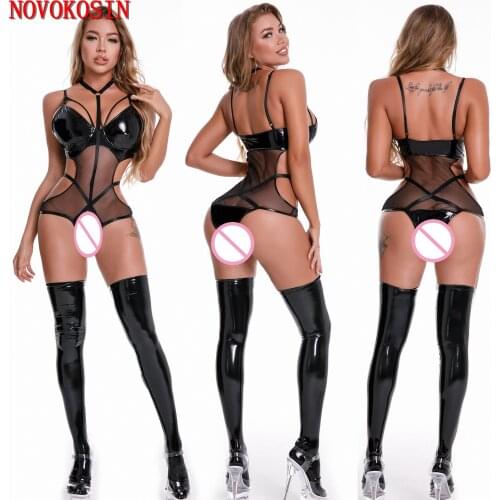 YQ17 Best Selling 2017 New Leather Lingerie Cupless Fuax Leather Sexy Clothes Black See Through Club Dress Erotic Lingerie