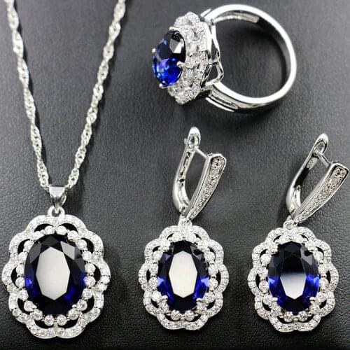 Wholesale Blue Austrian Crystal & Cubic Zircon Silver Color Jewelry For Women Drop Earrings Necklace Ring Set Free Shipping