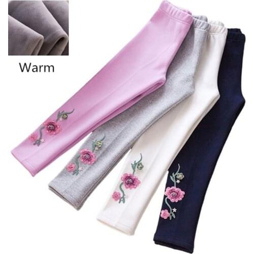 Autumn Winter Little Girls Leggings Flower Warm Kids Legging Pants Childrens Floral Embroidered Trousers 3 4 5 6 7 8 9 10-12T