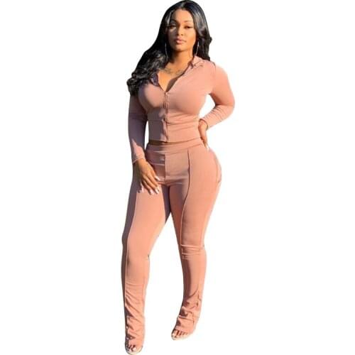 Autumn and winter new fashion solid color two-piece suit Slim-fit Hip-length long-sleeved trousers sports suit