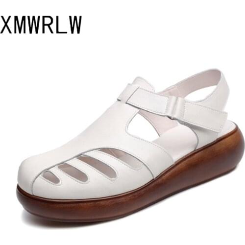 XMWRLW Retro Style Women Summer Sandals Genuine Leather Casual Hook Loop Ladies Shoes Women Sandals Rubber Sole Wedges Shoes