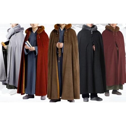 Unisex winter warm shaolin monks robe zen lay meditation cloak kung fu coat cape buddha prayer buddhist monk suits red/green