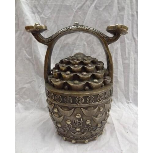 USPS to USA S1588 11" China Chinese Bronze FengShui Set Coin RuYi Statue YuanBao CaiFu Bucket Cask