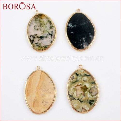 BOROSA Gold Color Multi-kind Stone Charm for Jewelry Making,10PCS Natural Stone Necklaces Pendants WX955
