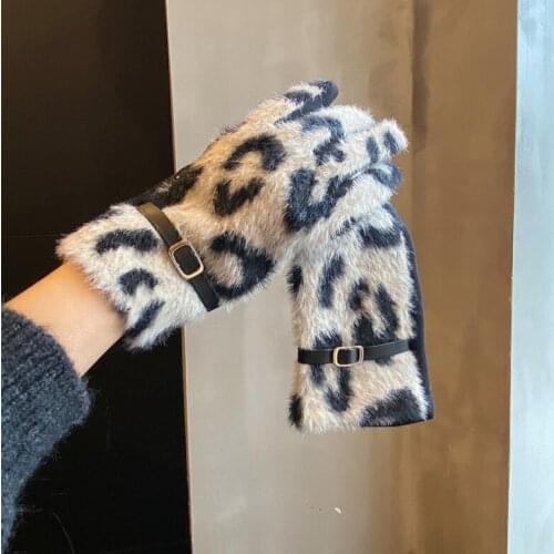 Womens autumn winter thicken warm leopard faux fur gloves ladys touchscreen glove winter driving glove R3420