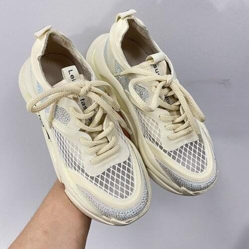 2021 Summer Hot Womens Mesh Sneaker White Crystal Chunky Breathable Cool Women Platform Casual Dad Shoes Black