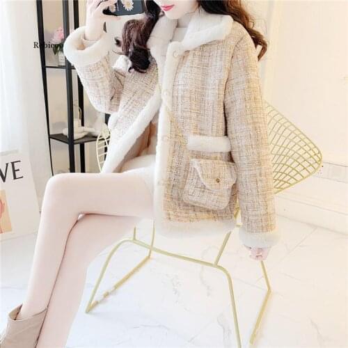 Faux Fur Temperament Lovely Thick Tweed Stitching Lambswool Casual Single-Breasted Pocket Coats Female+Chain Bag