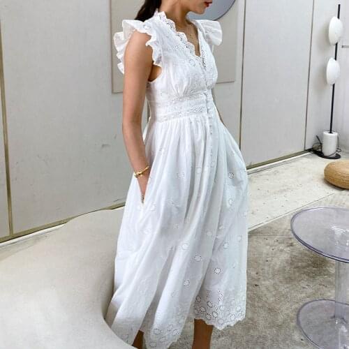 2021 Summer White Dress New Ladies Embroidery Midi Dress V-neck High Waist Cotton Long Dresses Button Up Lace Boho Vestidos