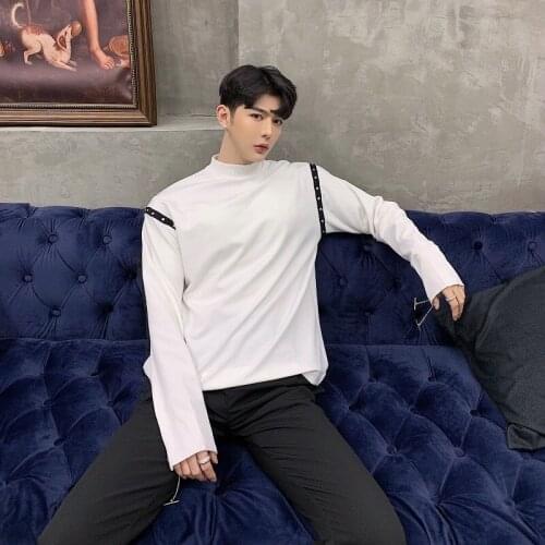 2020 Men White Black Chain Rivet Long Sleeve T-shirt Camisetas Hombre Male Streetwear Hip Hop Punk Tee Shirts Mens Spring Tshirt