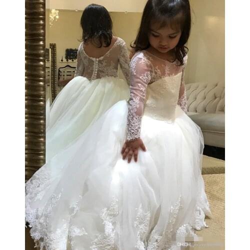 2020 Girls First Communion Dresses Lace Cute White Iovry Flower Girl Dresses With Sleeves for Weddings Children Prom Gown