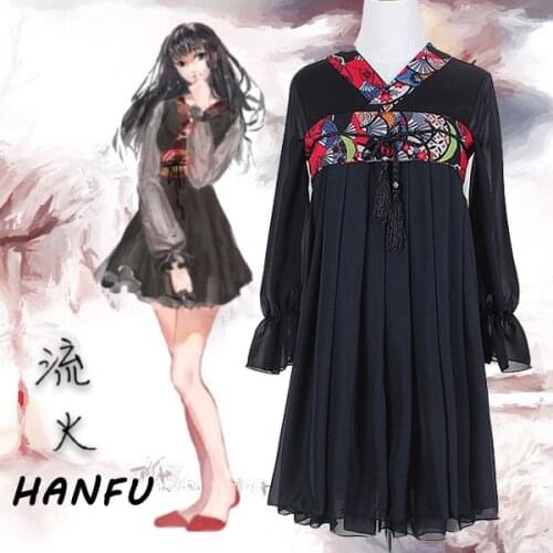 2Way Chinese Hanfu July Fireworks Chiffon Dress Black Long Sleeve Autumn Vintage Dress High Quality