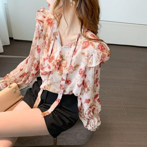 Free shipping woman good quality feminina Womens vintage blouse fashion clothes 2020 spring floral chiffon shirts female A6093