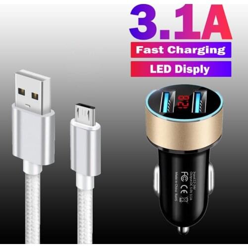 Dual USB LED Display Car Charger 3.1A Fast Charing For Huawei Y6 Y9 P Smart 2019 Samsung S6 Micro USB Nylon Braided Data Cable
