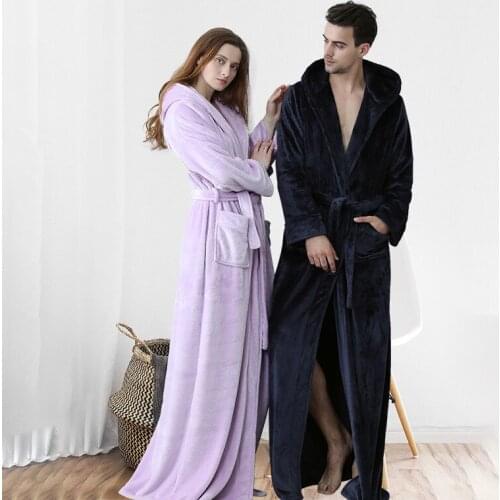 Flannel Bathrobe Nightgown Couple Autumn and Winter Fashion Hooded Cardigan Thickening and Lengthening Home Pajamas