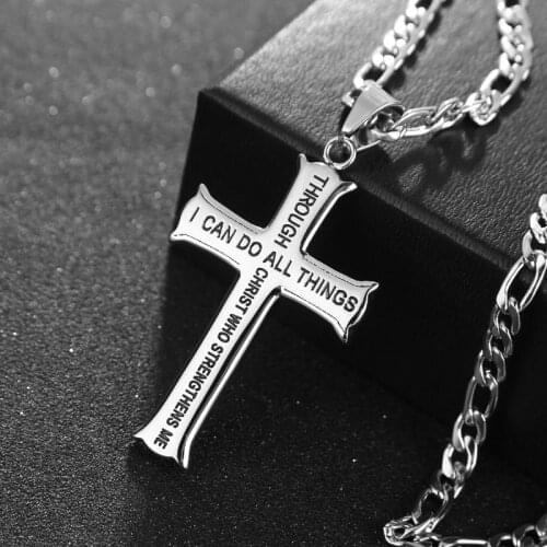 24inch Stainless Steel Christian Mens Abstinence "I Can Do All Things Through Christ" Philippians Iron Cross Purity Necklace