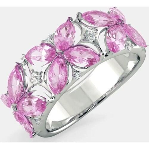 Fashion Jewelry Filled Charming Wedding Promise Rings Inlay Pink Zircon Flower Finger Ring For Women Anniversary / Birthday Gift