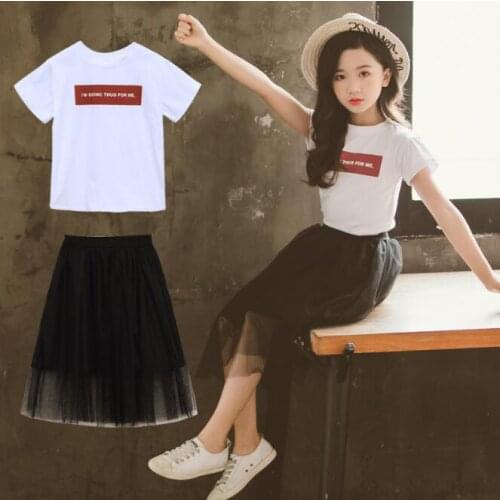 Summer Girls Clothes Set Letter T-shirt + Mesh Skirt 2pcs Child Clothing Suit 8 10 Year Kids Baby Girl Short-Sleeved Outfits