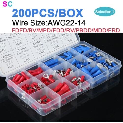 Spade/Bullet/Ring/Butt/Piggy Back Cold Terminal FDFD/BV/MPD/FDD/RV/PBDD/MDD/FRD 200PCS/BOX AWG22-14 Electrical Wire Connector