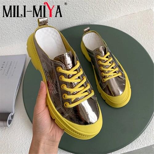 MILI-MIYA Designer Women Soft Cow Leather Sneakers Slip On Mules Womens Fashion Casual Breathable Shoes Flat Heel Half Slippers