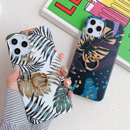 Fashion Banana Leaves Soft TPU Phone Case for iPhone 12 Mini 11 Pro XS Max XR 7 8 Plus Flower Finger Ring Holder Stand Cover