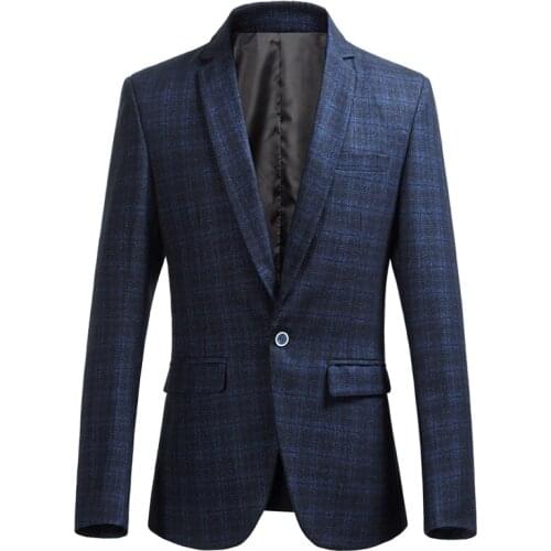 2019 New Plaid Check Men Suit Jacket Men Blue Casual Blazer Business Formal Costume Men Suit Blazer Woolen Slim Suit Jacket Men