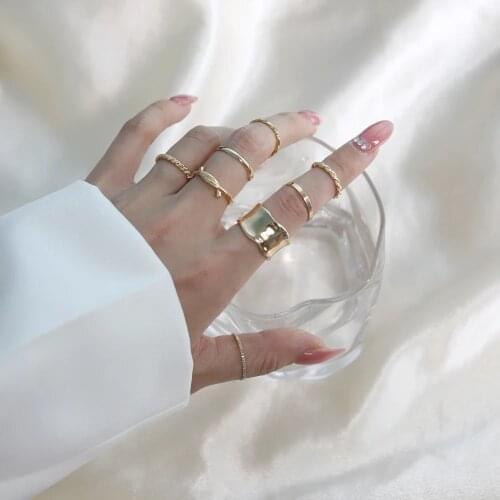 HuangTang 8pcs/set Punk Hollow Round Opening Rings Set for Women Girls Minimalist Gold Color Finger Ring Party Gifts Jewelry