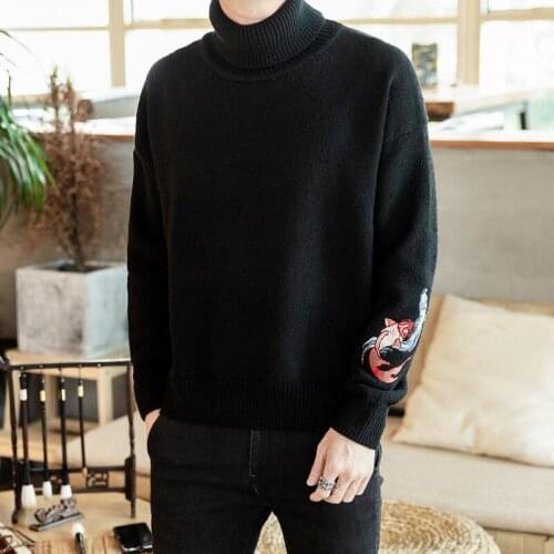 New Sweater Men Turtleneck Sweater Pullovers Chinese Style Embroidery Knitted Male Casual Pullover Fashion Black Grey Sweaters