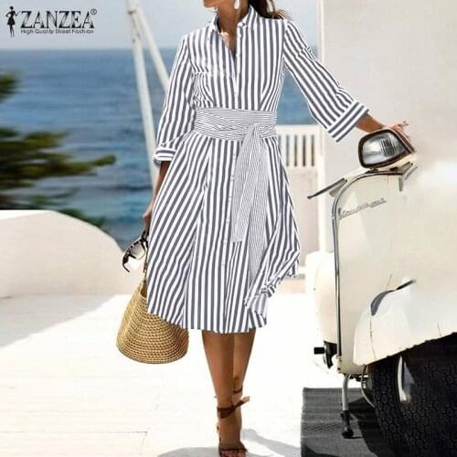Womens Fashion Striped Print Dresses Autumn Lapel Midi Shirt Dress ZANZEA Elegant OL Holiday Vestidos Lady Chic Long Sleeve Robe