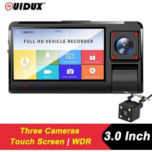 QUIDUX 3'' Three Way Car DVR FHD Three Lens Video Recorder Camera IPS Touch screen Dash Cam G-Sensor WDR Night vision Camcorder