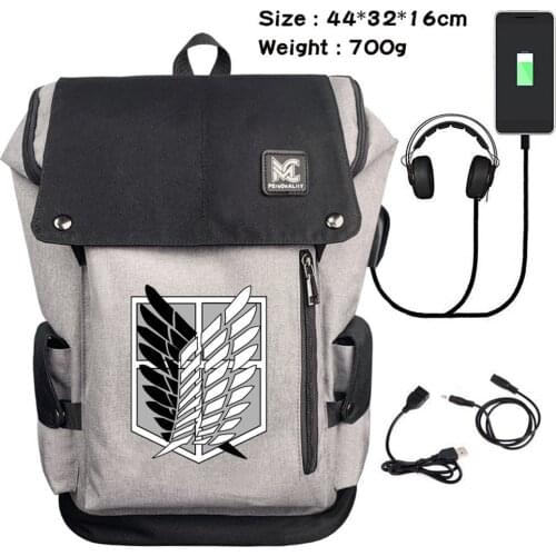 Teenager Backpack Anime Attack on Titan Headphone USB Charging Travel Laptop Bag Canvas Student Zip Cartoon Schoolbag Rucksack