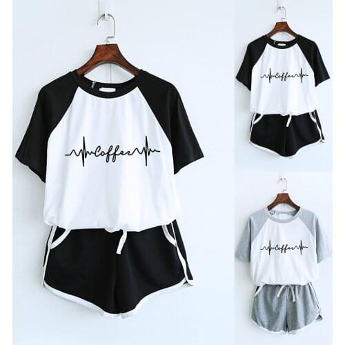 Jogger Shorts Sports Running Suit Women Summer Short-sleeved O-neck T Shirt Casual Home Wear Pajamas ECG Printed Sportswear Set