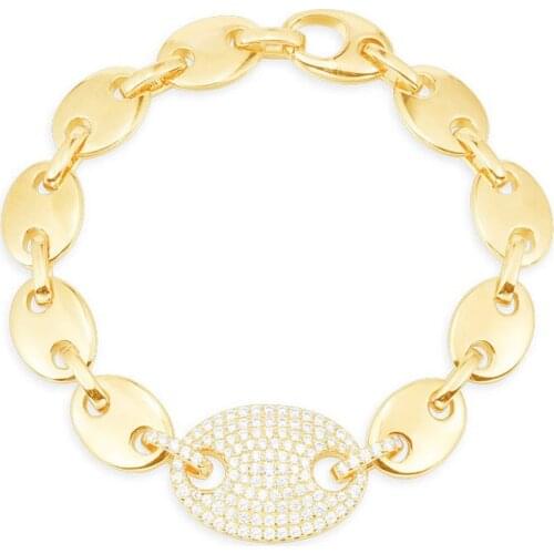 SOELLE High Quality Pure 925 Sterling Silver Yellow Gold Color Sailor Coffee Bean Chain Bracelet Micro Zirconia Stones for Women