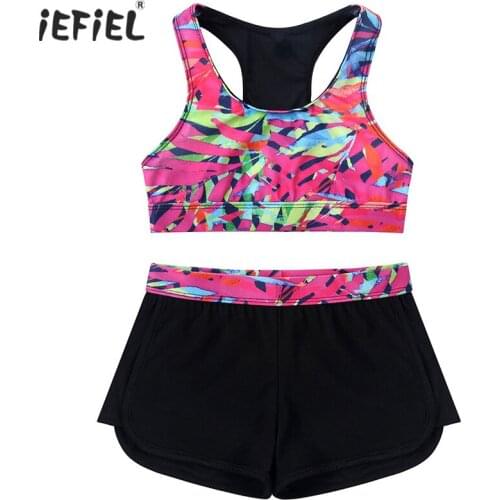 Kids Girls Sleeveless Cutouts Racer Back 3D Digital Printed Crop Top Sports Bra with Boy-cut Shorts for Sports Workout Gymnastic