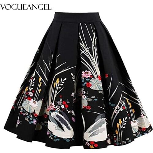 Cotton Black Skirts Vintage 50s 60s Flower Printed Summer Skirt 2021 Women High Waist Audrey Hepburn A Line Swing Skirts 2XL