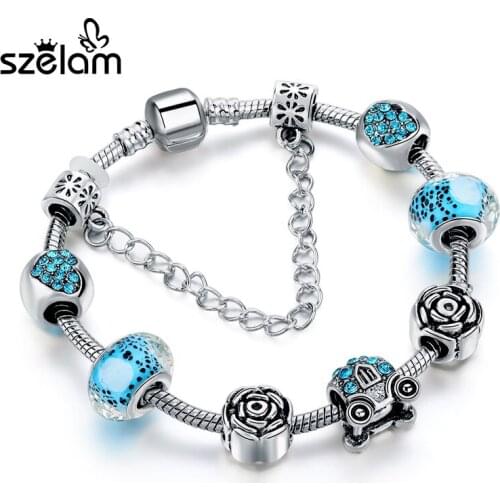 Szelam 2019 New Arrival Silver Flower Bracelets Women Diy Murano Glass Charm Bracelets & Bangles Pulseras SBR160187