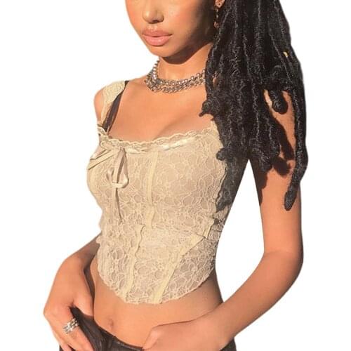 Female U-Neck Camisole, Lace Floral Sleeveless Crop Tops Short Vest for Summer, Apricot/Black, S/M/L