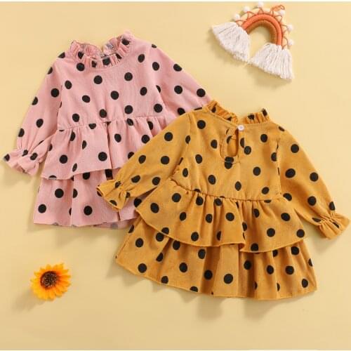 0-3Y Newborn Baby Girl Dress Cotton Polka Dot Printed Ruffle Long Sleeve Layered Dress Spring Autumn Baby Girl A-line Dress