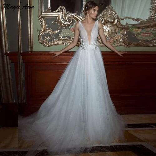 Magic Awn Soft Tulle Wedding Dresses Vintage Lace Appliques Open Back A-Line Simple Illusion Mariage Gowns Abito Da Sposa 2021