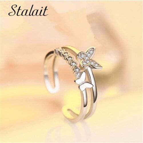 2018 Crystal Silver Color Double Butterfly Ring Engagement Cubic Zircon Ring For Women Party Jewelry Size Opening Cheap