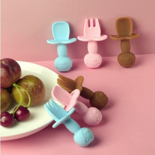 2 Pcs/Set Baby Silicone Spoon Fork Set Anti-Fall Safety Kids Spoon Baby Food Feeding Stuff Silicone Tableware Childrens Goods