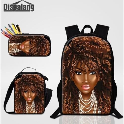 Afro Lady Girl Africa Beauty Princess Print 3pcs/set School Backpacks for School Teenage Girls Thermal Lunch Box Kids Pencil Bag