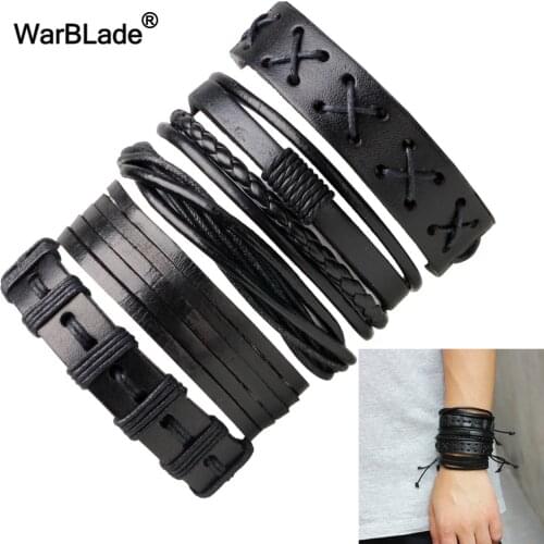 WarBLade Black Genuine Leather Bracelets Vintage Multilayer Braid Bracelet Bangle Punk Wrap Wristband For Women Men Jewelry 5pcs