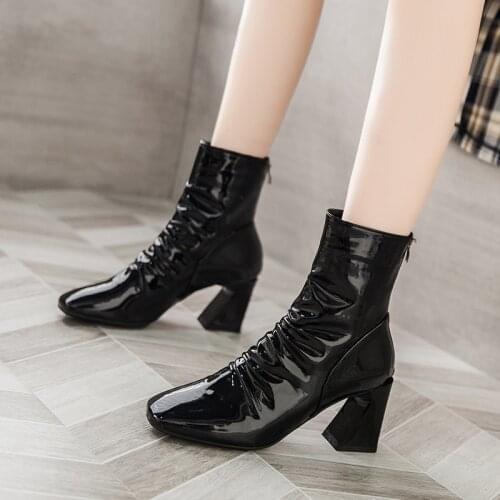 Lucyever Fashion Pleated Black Ankle Boots Women Autumn Square Toe High Heels Boots Woman 2021 New Back Zipper Booties Mujer