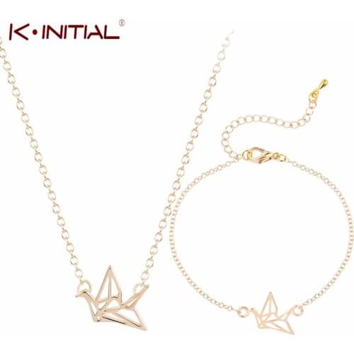 Kinitial Origami Crane Chain Pendant Necklace Bracelet Chain Jewelry Set Women Simple Bird Animal Jewelry
