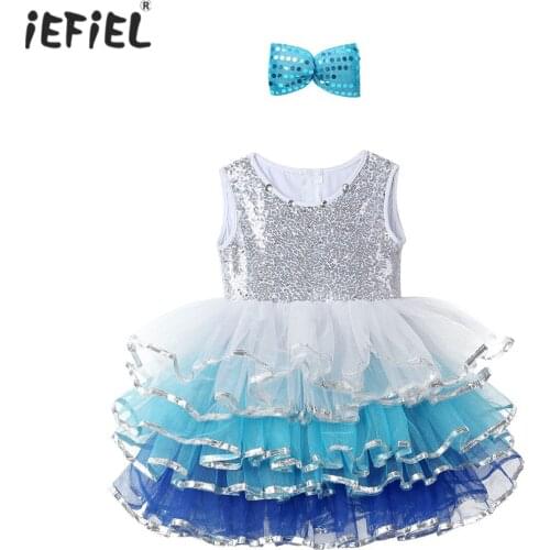 Kids Flower Girl Dresses Sleeveless Sequined Ruffled Layered Mesh Tutu Ballet Dress + Hair Clip Set Girls Performance Dancewear