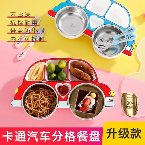 304 children car meal plate cartoon drop, hot and dustproof meal with removable stainless steel cover dishes and plates sets