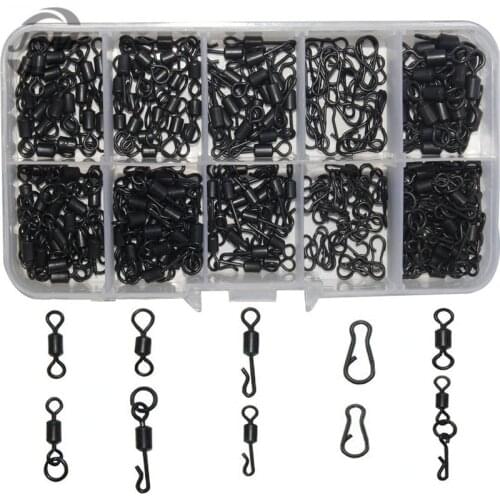 JSM 200pcs Matte Black Carp Fishing Quick Change Swivel Long Body Rolling Swivels Snap Carp Fishing Accessories Set With Box
