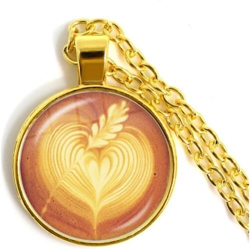 Coffee Latte Chocolate Printing Love Heart Necklace Carving Flower Clover Glass Cabochon Pendant Jewelry For Women Girls Gift