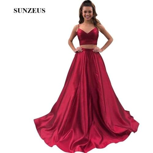 Spaghetti Straps Crop Top Prom Dress 2 Pieces Wine Red Satin Long Party Gowns For Girls Simple A-line Graduation Night Dress